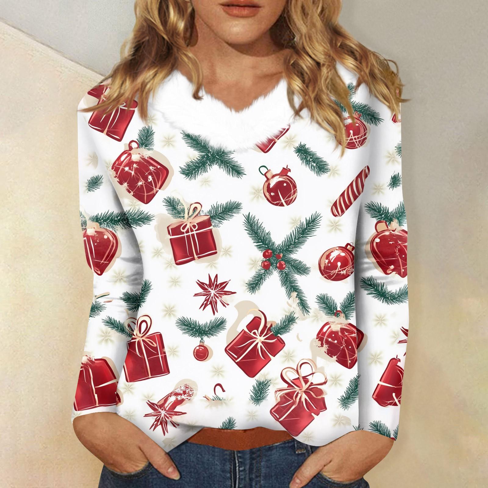 

Женский свободный повседневный топ с длинными рукавами и рождественским принтом, плюшевый воротник, V-образный вырез, топ с длинными рукавами XXXL красный
