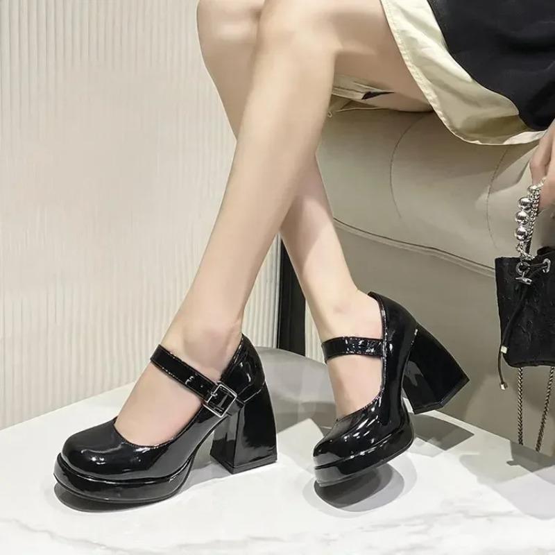 

Французька Maryse Жіноче взуття 2025 Осінь Новинка Водонепроникна Платформа Лакована Шкіра Високі Підбори Вінтажний Круглий Носок Товстий Підбор Одинарне 41 чорний