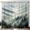 Ruhiges nebliges Bergwald-Vorhang-Set (2 Stück) – Aquarell-Landschaftsdruck, mit Stangendurchzug, lichtfilternde Vorhänge für Wohnzimmer