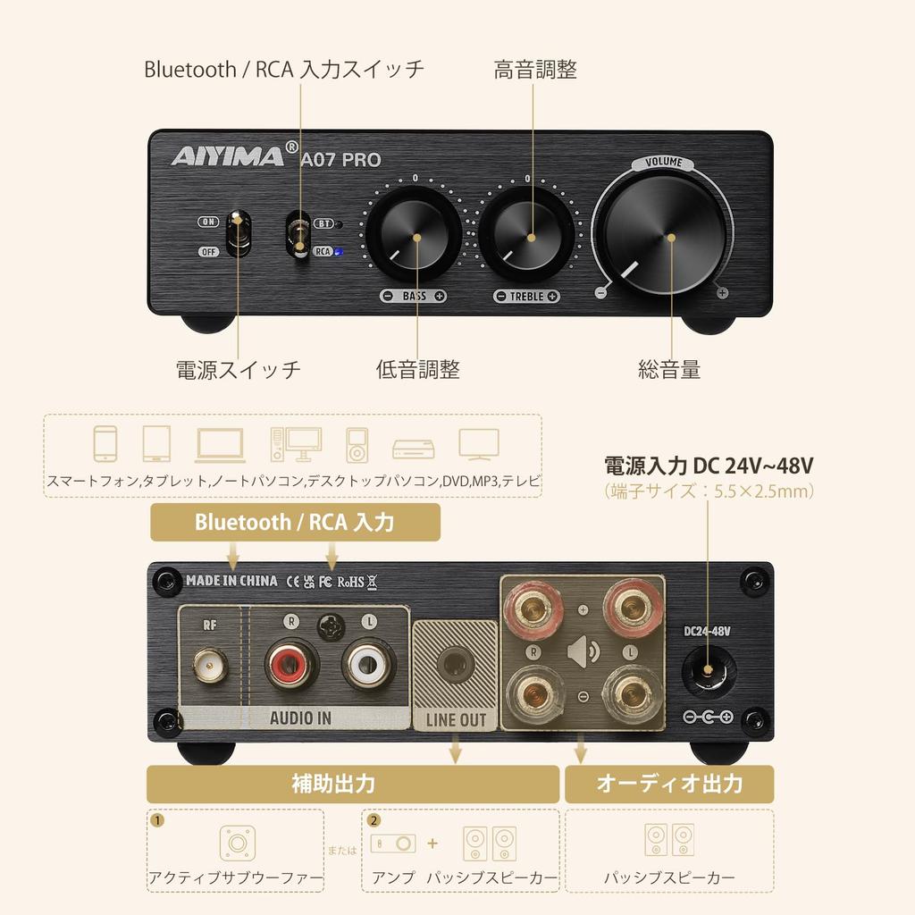 AIYIMA A07 PRO Stolní zesilovač, TPA3255+QCC304X+N5532*5, Bluetooth 5.2, Apt-X HD, 300W*2 Výkonový zesilovač, HiFi Audio, Stolní zesilovač
