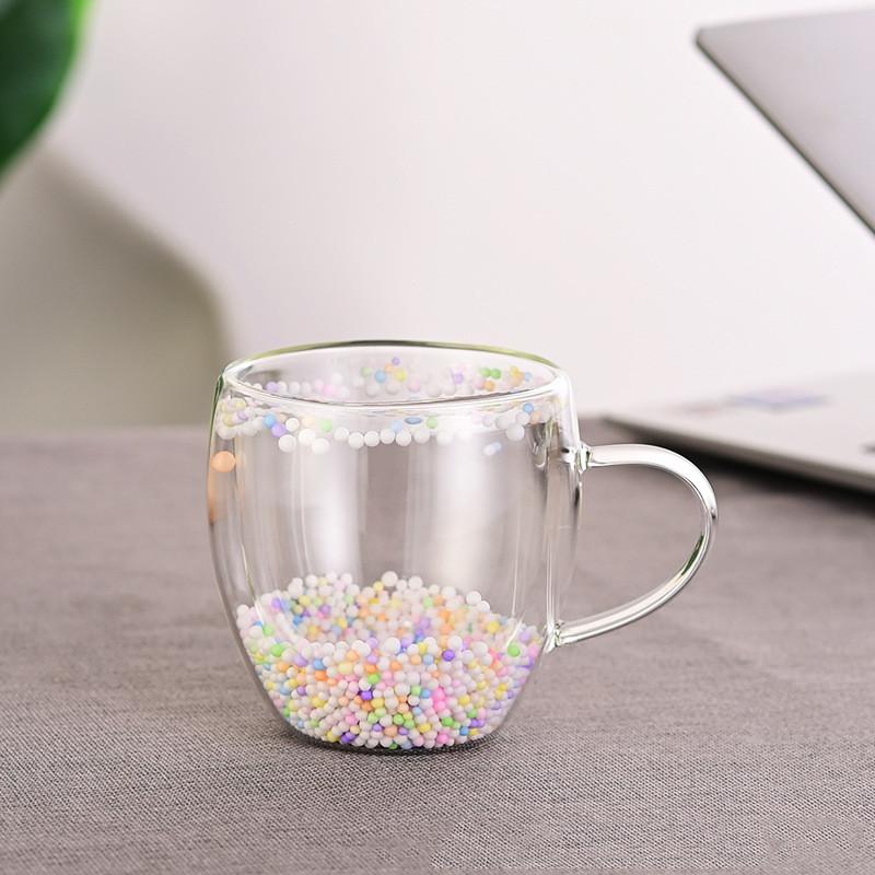250ml Double Wall Coffee Mug Flower Filler Glass Cups Tea Coffee Cup With Handles Heat Resistant Mug Gift