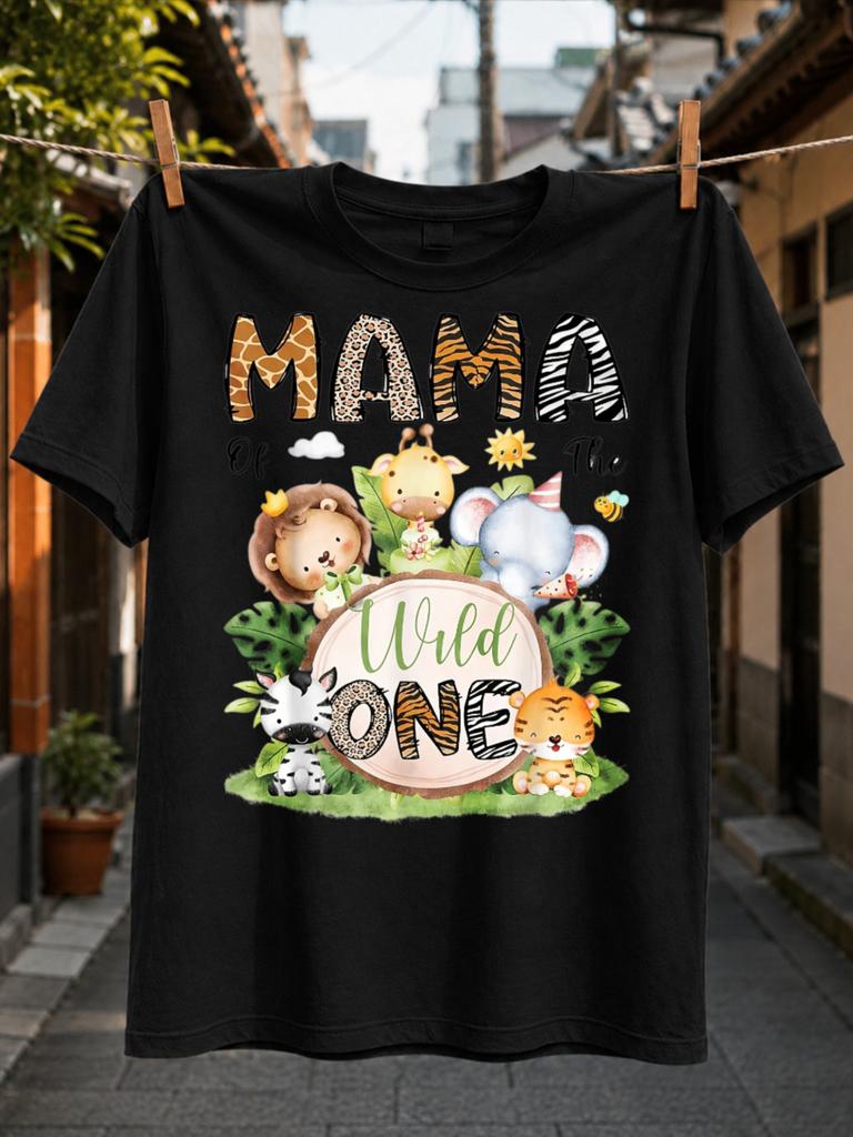 Mama Of The Wild One Safari Animal Lion Giraffe Elephant Zebra And Tiger With Leaves And Unisex All Tshirt
