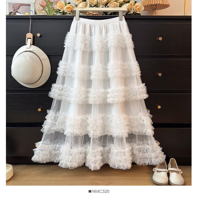 Sweet Style High Waist Ruffled Lace Gauze Maxi Skirt