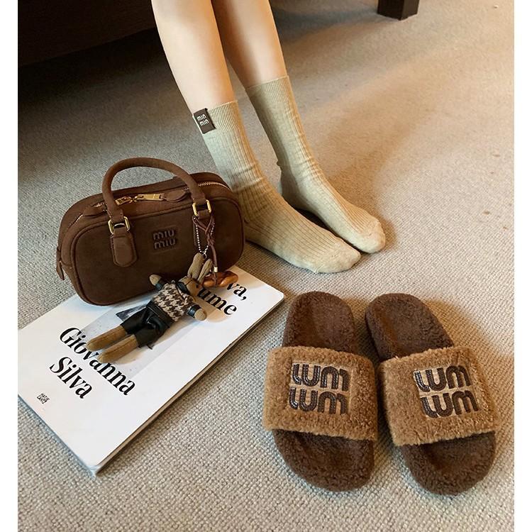 Wool version~ miu wind leather thick-soled fluffy shoes women's winter Boken outer wear warm cotton shoes Boken fluffy slippers
