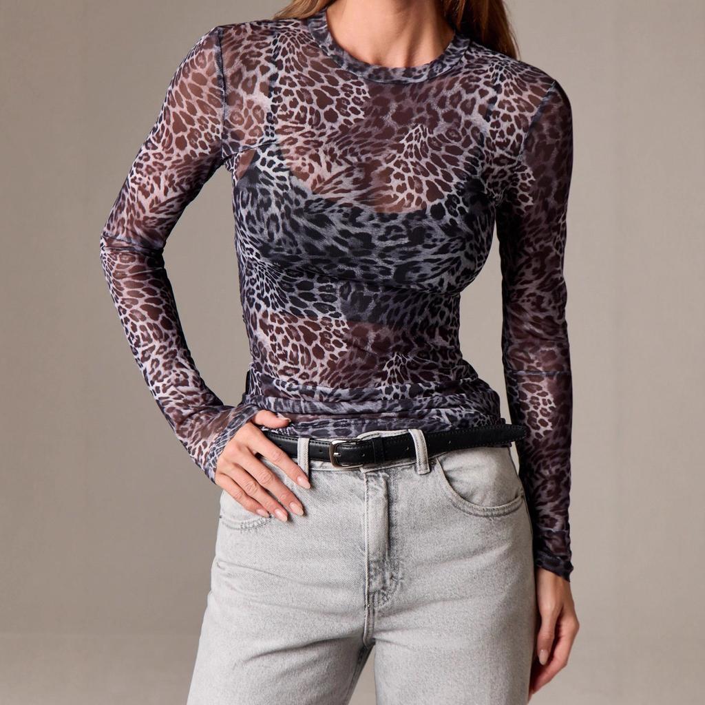 Spring Mesh Round Neck Leopard Print Slim Flattering T Shirt Women Fashion Daily Basic Office Lady Casual Slim Fit Ladies Elegant Long Sleeve Top