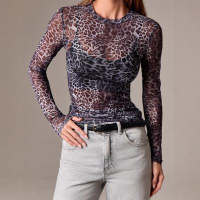 Nuova T-shirt Slimming a Rete con Scollo Rotondo e Stampa Leopardata Moda Autunno Inverno per Donna