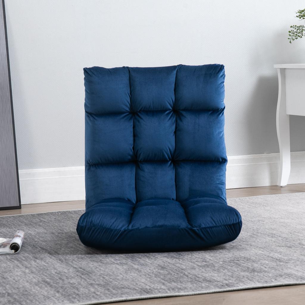 Armchair Guest Mattress Floor Chair, Adjustable Backrest, Velour Look, 55 cm x 71 cm x 53.5 cm, Blue