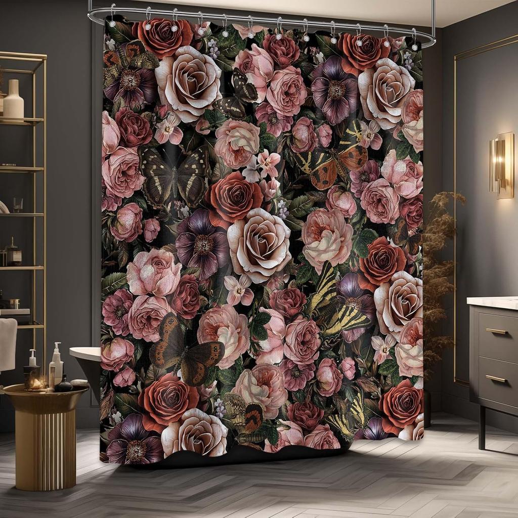 Vintage Floral Shower Curtain Goth Dark Rose Flower Butterfly Shower Curtains for Bathroom Decor Sets, Waterproof Cloth Fabric