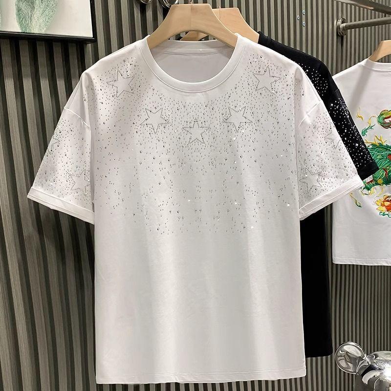 Wovey Zomer Strass Klink T-shirt voor Mannen Kleding Ronde Hals Casual T-shirt Mode High Street Mannen Zomer Korte Mouwen XXXL