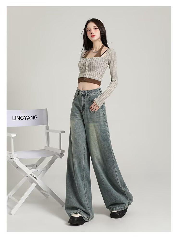 Retro A-line Wide-Leg Jeans for Women - Spring/Autumn 2026 Slimming Loose Fit Fashion Pants
