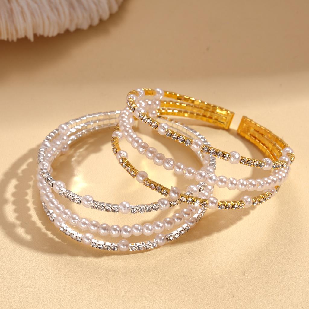 Light Luxury Style Diamond-set Imitation Pearl Beaded Three-layer Open Bracelet Fashion Baroque Jewelry