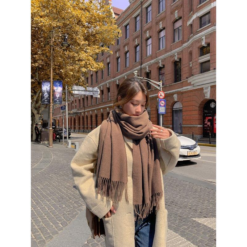 Wool Scarf Women's Autumn and Winter Warm Thickened Cashmere Scarf Versatile Tassel Shawl Korean Style Solid Color Scarf
