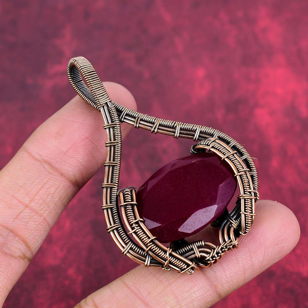 Faceted Kashmir Ruby Pendant Copper Wire Wrapped Pendant Handmade Unique Style Pendant Gemstone Copper Jewelry Gifts for Her Dainty Pendant