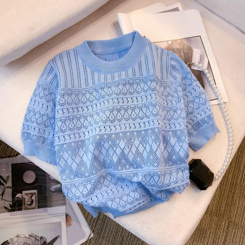 Summer Hollow Out Short Sleeve Knitted Casual T Shirts Women Temperament Chic O Neck Loose Women's T-shirt Tops Elegant Slim Fit Solid Lady Tee 26517