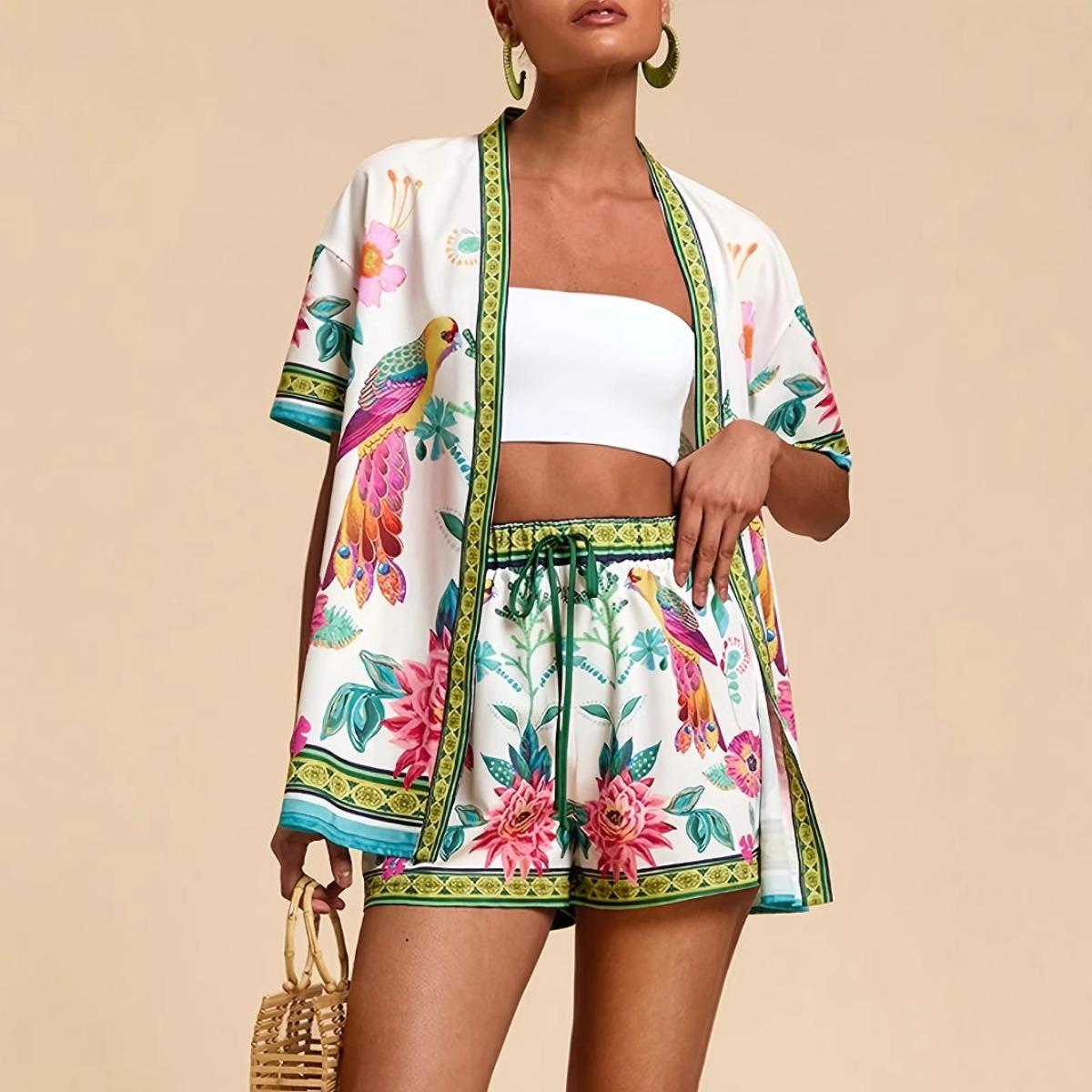 

Мода 2025 Топ с коротким рукавом и шорты из двух частей с тропическим принтом Новинка XXL зелёный