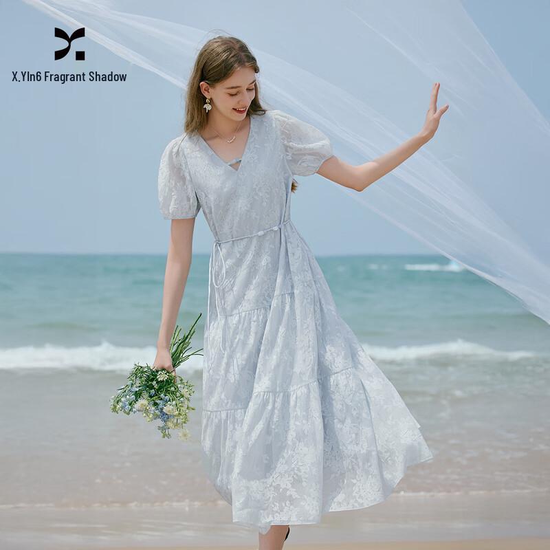 Xiangying Women s V-Neck Puff Sleeve Tiered Dress S