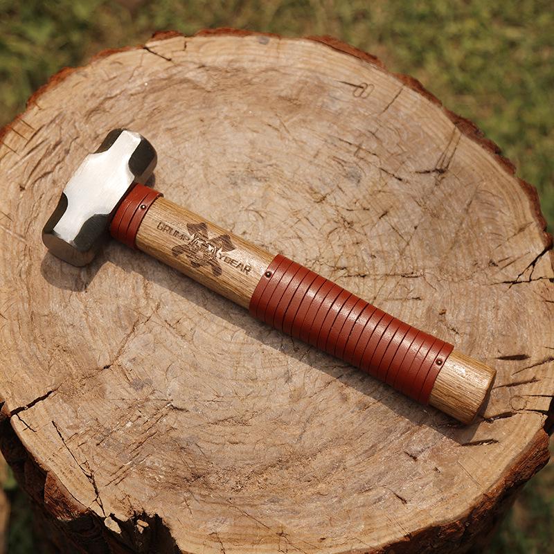 G&B Grumpy Bear Cowhide Handle Camping Hammer - Durable Forged Ground Nail Tool for Outdoor Craftsmanship