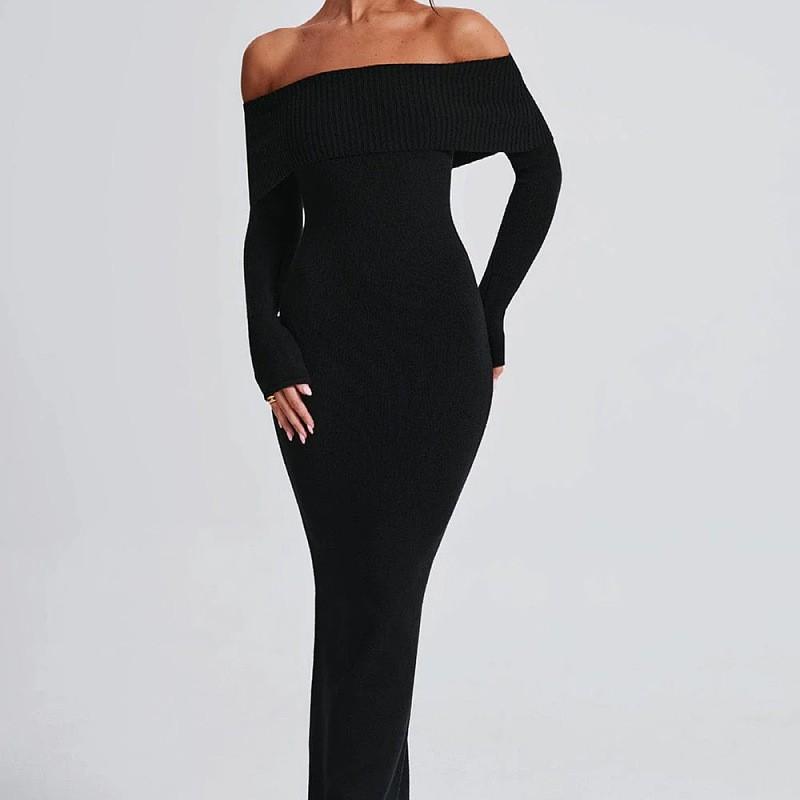 Womens Sexy Streetwear One-Shoulder Long Sleeve Knit Dress Slim Fit Midi To Maxi Length Solid Color