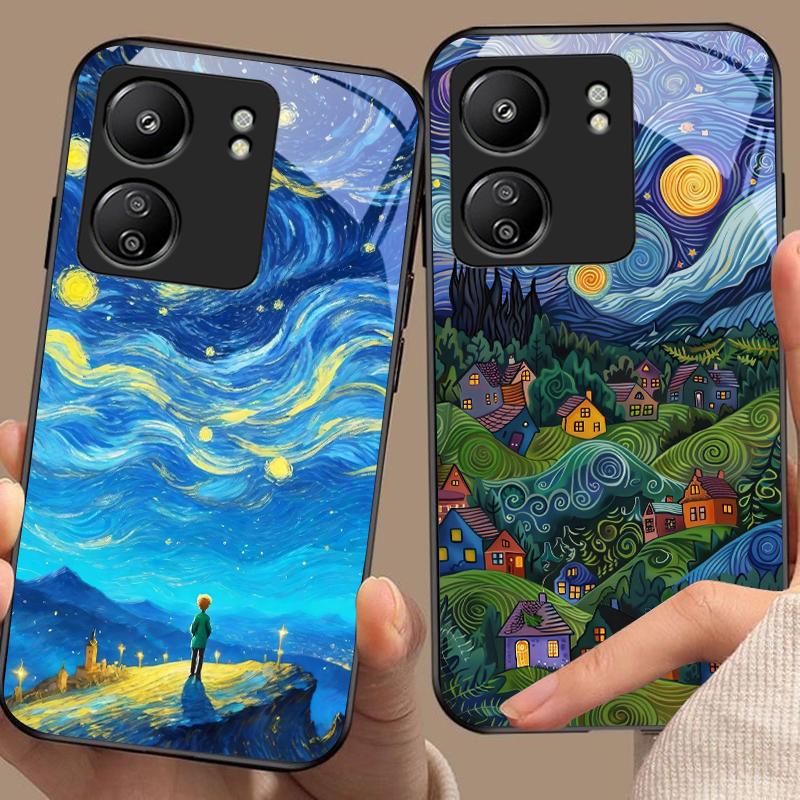 Olejomaľba Domček Pre Xiaomi Redmi 13C Note13 12 Pro Plus 5G Note 9 13T Pro POCO X6 F5 F6 Čierny Kryt na Telefón z Tvrdeného Skla