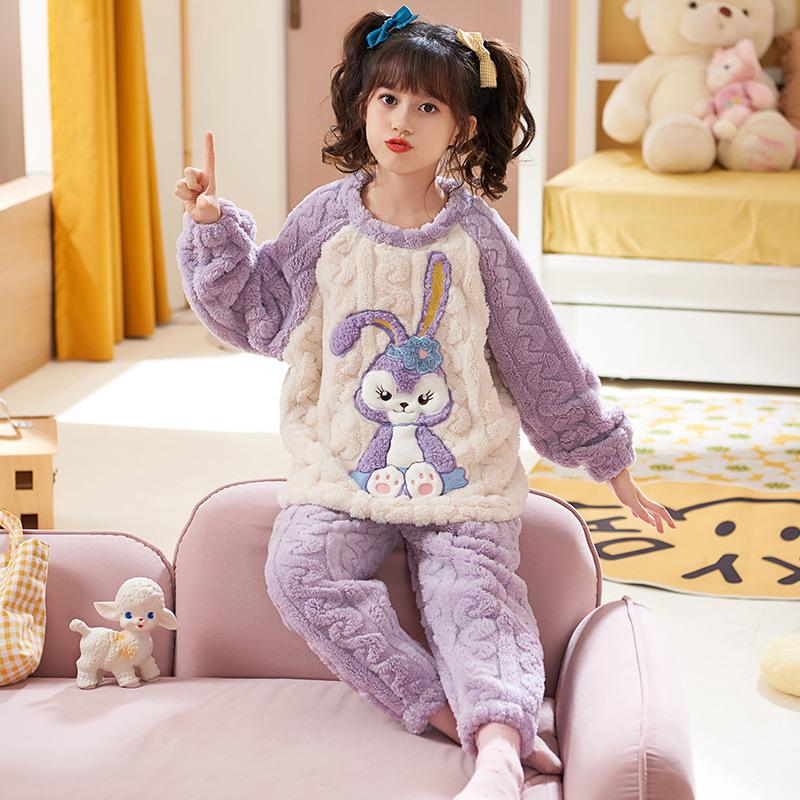 Kids Flannel Pajamas Set Boys Girls Warm Long Sleeve Top And Pants Sleepwear Winter Home Nightwear