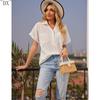 DX~Women's Cotton Linen Shirt Short Sleeved Henry Shirt Button Up V-neck Casual Work Top with Two Pockets