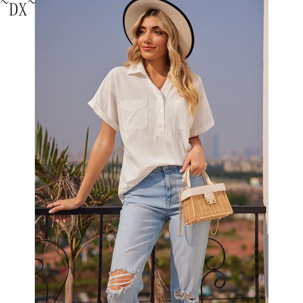 DX~Women's Cotton Linen Shirt Short Sleeved Henry Shirt Button Up V-neck Casual Work Top with Two Pockets