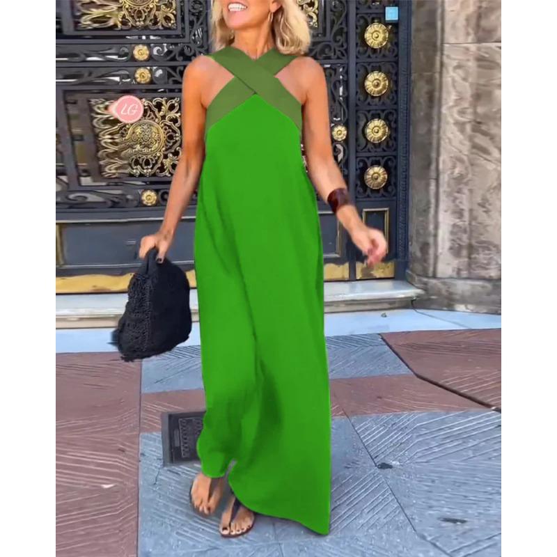 Summer Sleeveless Loose Casual Long Dress New Big Size Women A-line Cross Party Patchwork Dress Sweet Streetwear Sexy Clothing