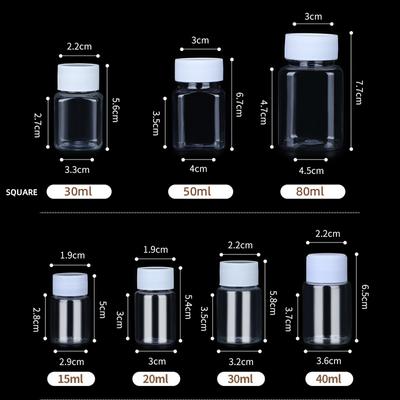 15ml/20ml/30ml/100ml bottiglie di plastica PET trasparenti vuote con sigillo contenitore per fiale di pillole di medicina in polvere solida contenitore per reagenti