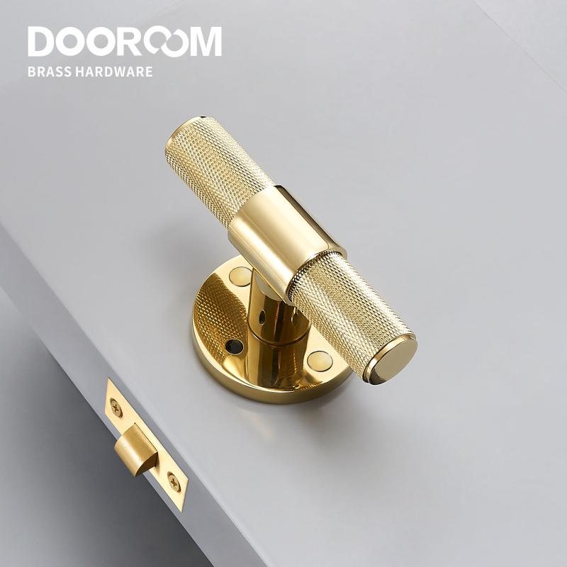 Dooroom Brass Door Lever Set Modern Knurled T-bar Interior Bedroom Bathroom Double Wood Door Lock Set Dummy Knob Hidden Door