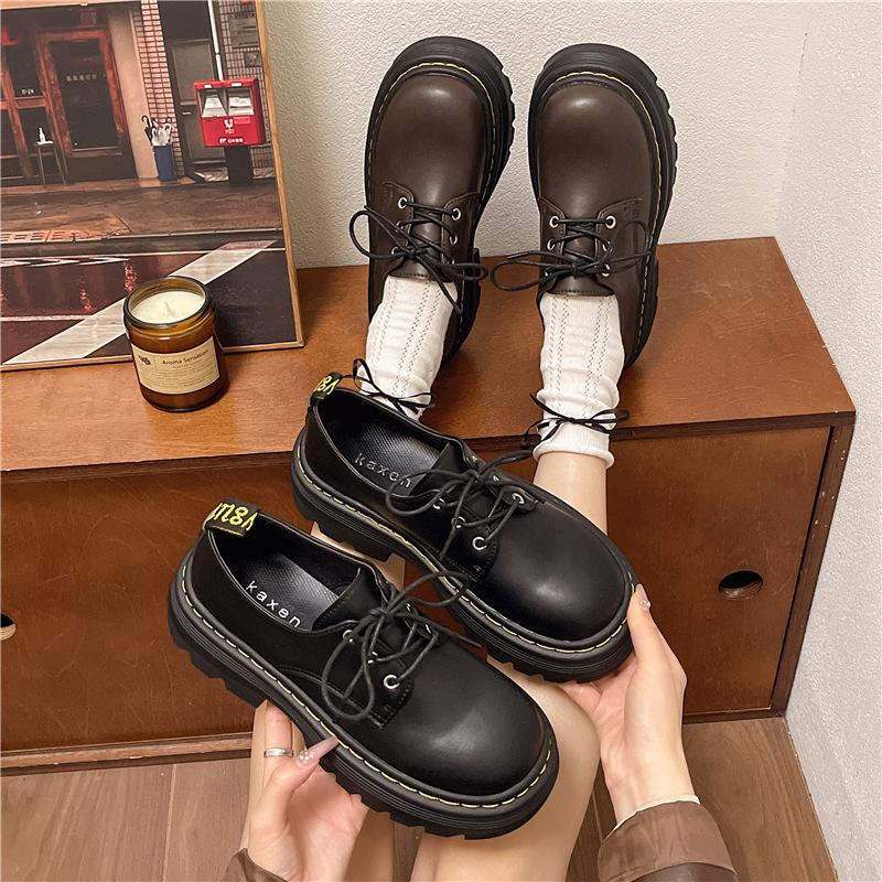 Large Size Platform British Style Lace-up Small Leather Shoes Round Head 2024 Thick Heel Loafers Autumn Retro Muffin Single Shoes Women