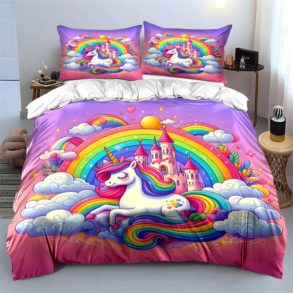Unicorn Rainbow Castle Set Multiple Sizes Kid'S And Adults' Bedroom Exquisite 3Pc Bedding Set, Gift