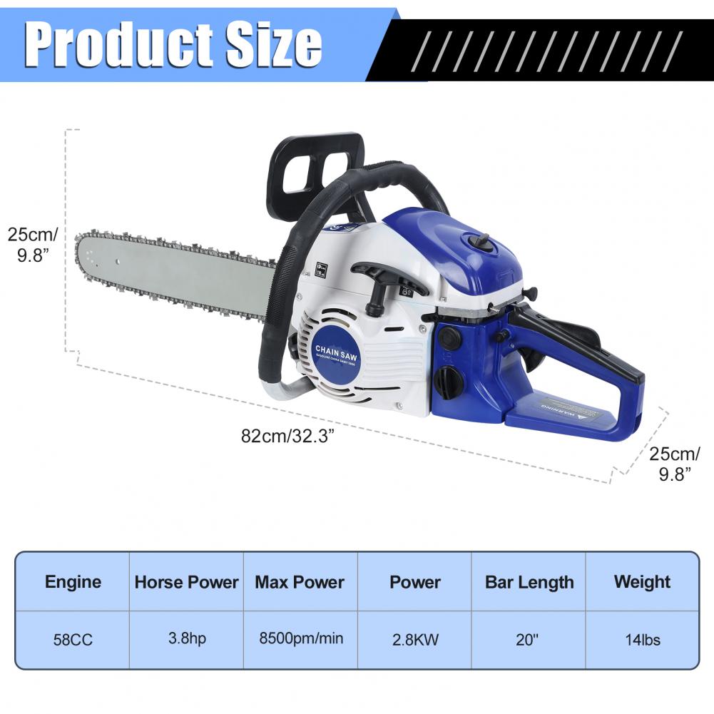 58cc Gas Chainsaw, 20 Inch Gas Powered Chainsaw, 2-Cycle Handheld Gas Chain, High-Power Logging Saw for Wood Cutting and Tree Tr