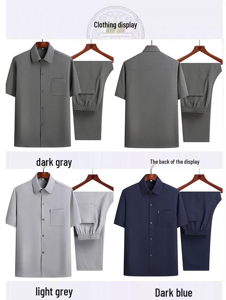 Ice Silk Short-Sleeve Shirt & Lapel Two-Piece Summer Set for Middle-Aged and Elderly Men