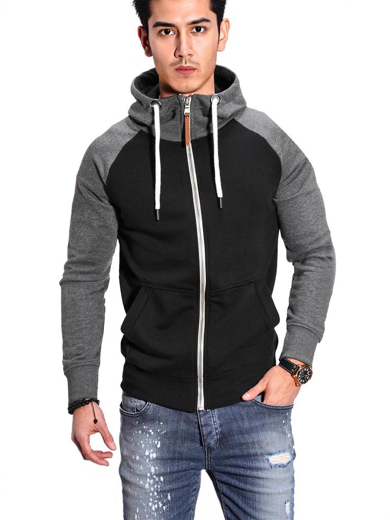 Men's European Size Color Block Raglan Sleeve Hooded Cardigan Sweatshirt