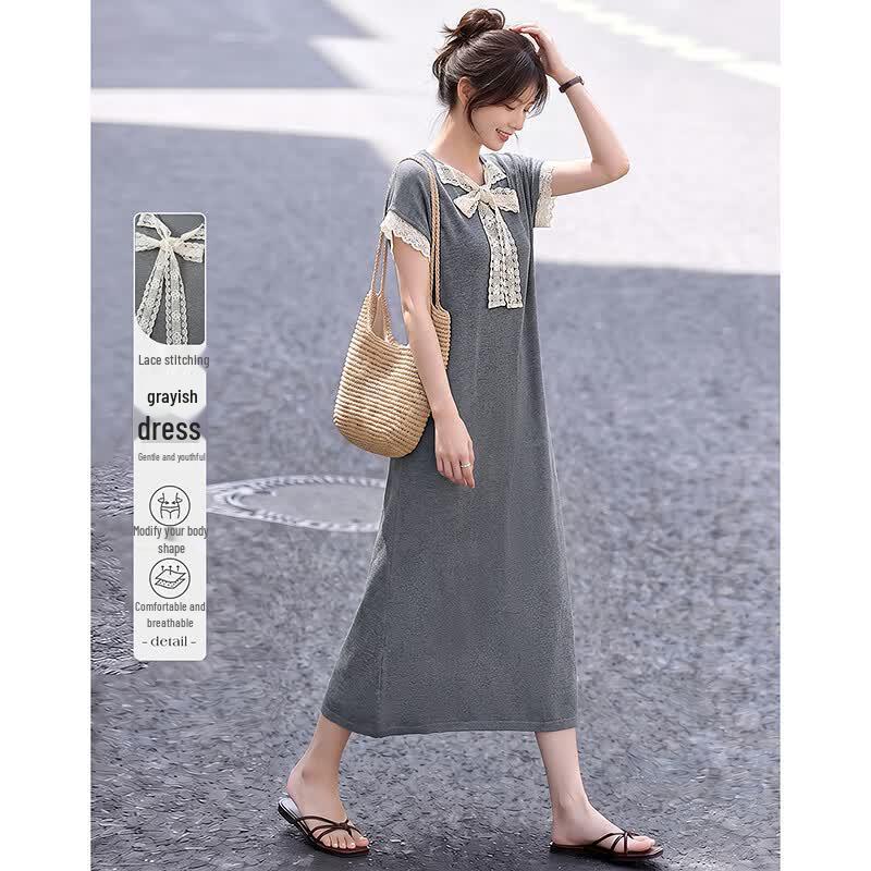 Elegant Lace Patchwork Short Sleeve Midi Dress