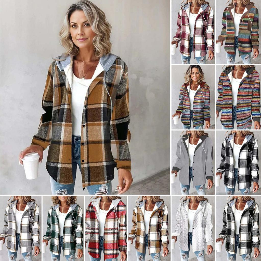 Women's Autumn Winter Casual Versatile Large Plaid Hooded Shirt Jacket, Loose Oversized Button Down Outerwear Coat