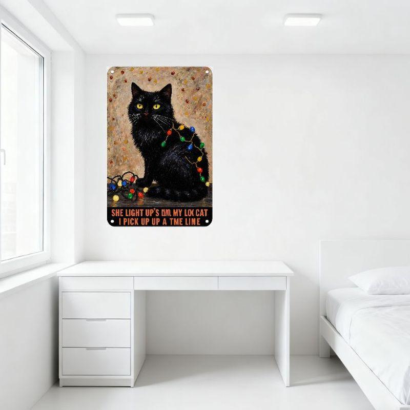 Whimsical Black Cat with Yellow Eyes Christmas Lights Tin Sign Festive Decorative Metal Poster for Bar Home Wall Art 8x12 Inch