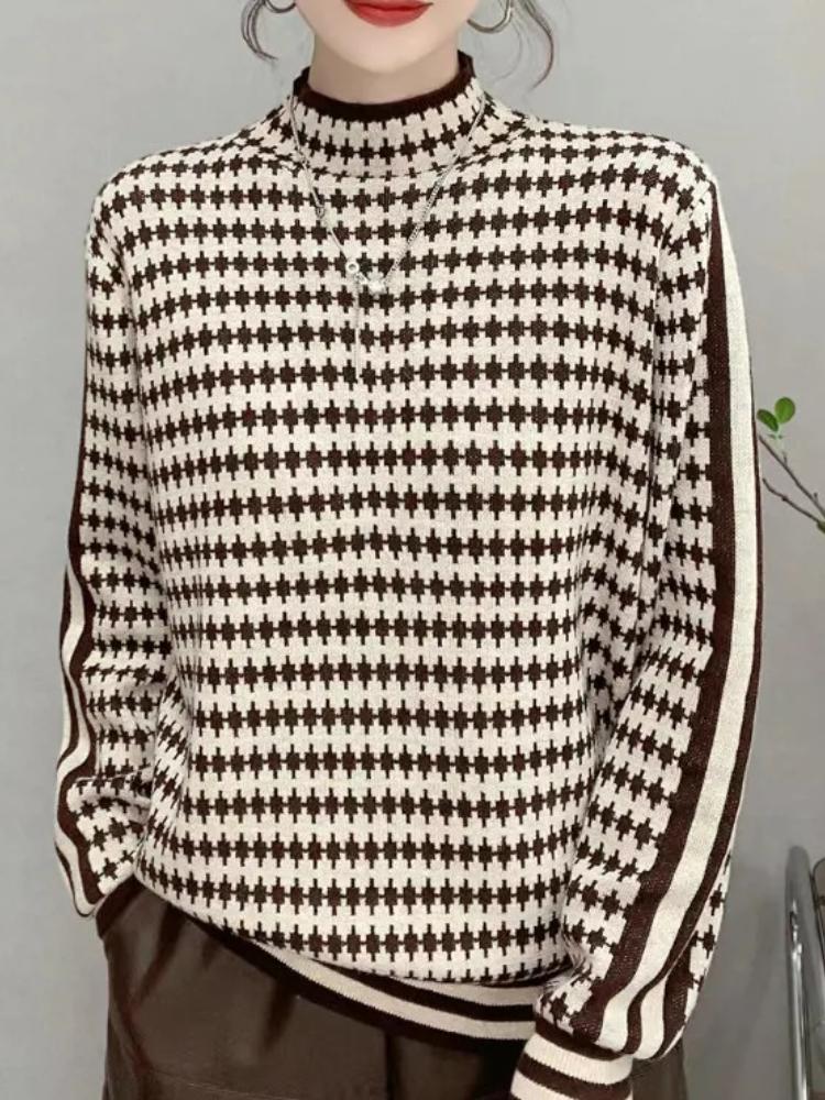 

Шикарный свитер с воротником-стойкой в стиле колор-блок - Уютный вязаный пуловер для женщин, Идеально подходит для осени и зимы, Машинная стирка 2XL кофейный