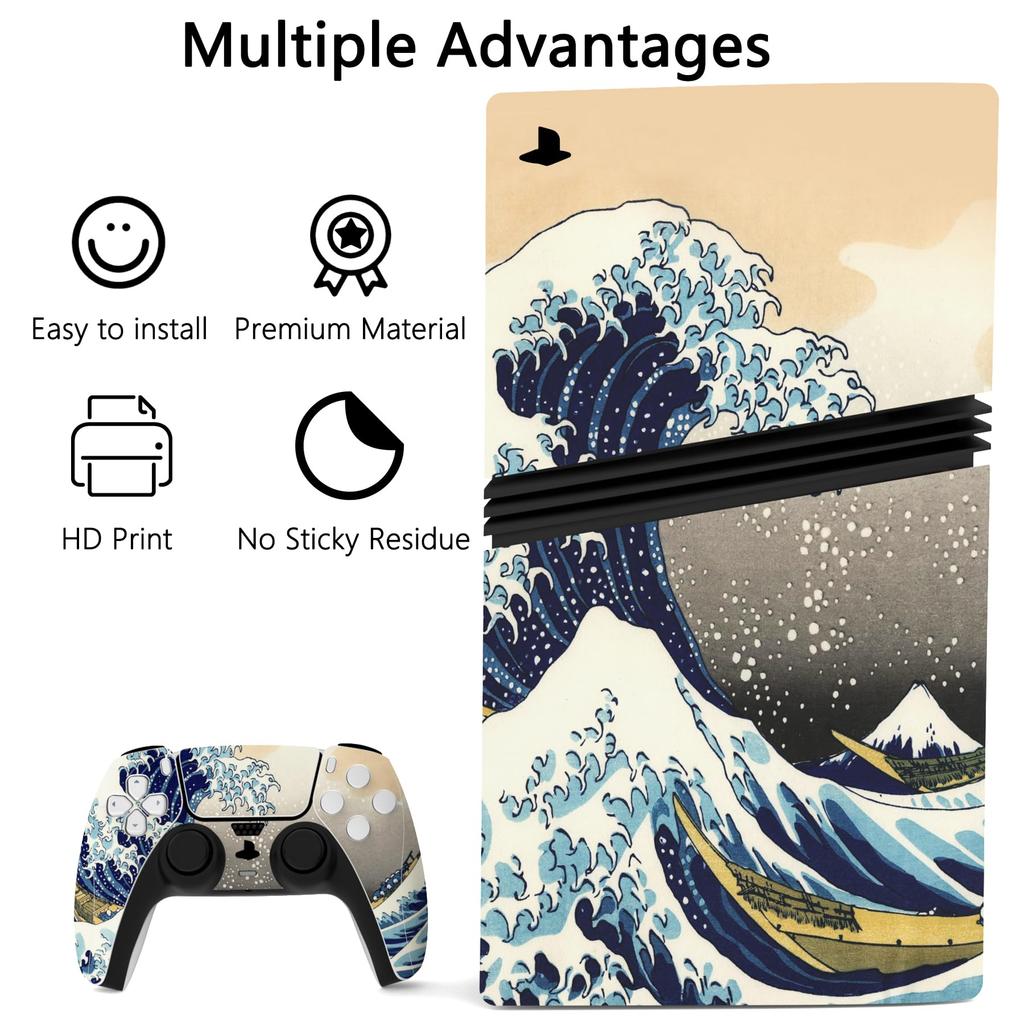 PlayVital Ps5 Pro Body Full Set Custom Sticker for Digital and Disc Charging Decal Sticker Cover for Media Remote Control Great Wave Off Compatible,
