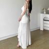 Women's White Ruffled High Low Maxi Dress Sexy V-Neck Spaghetti Strap Backless Bodycon Party Dress
