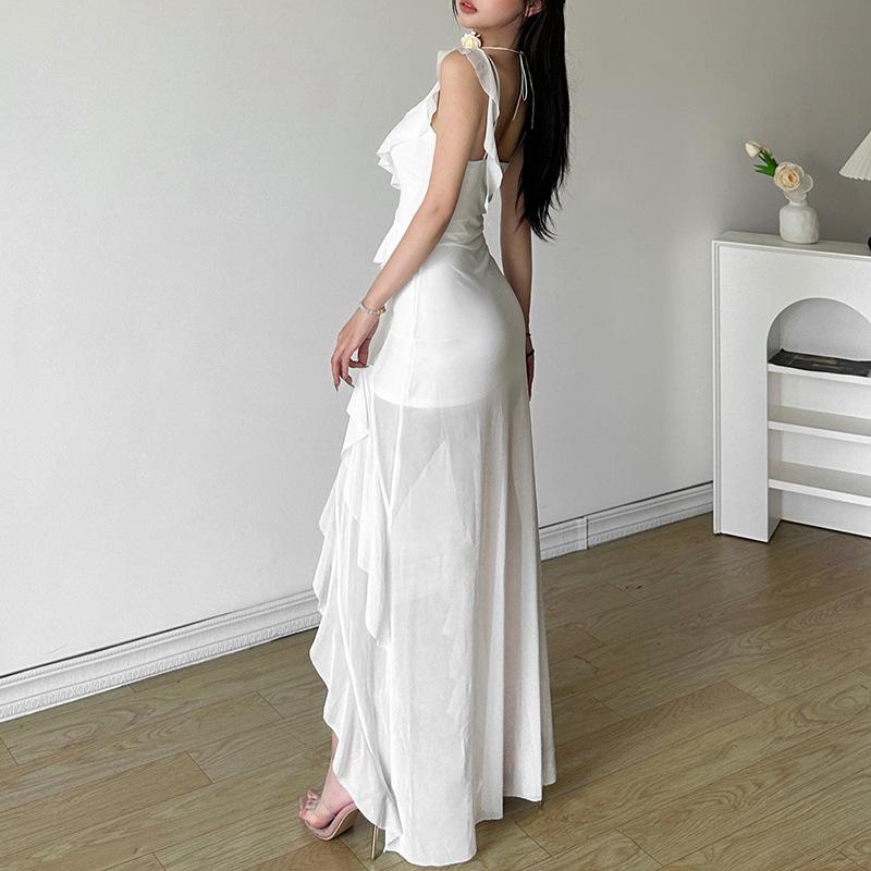 Women's White Ruffled High Low Maxi Dress Sexy V-Neck Spaghetti Strap Backless Bodycon Party Dress