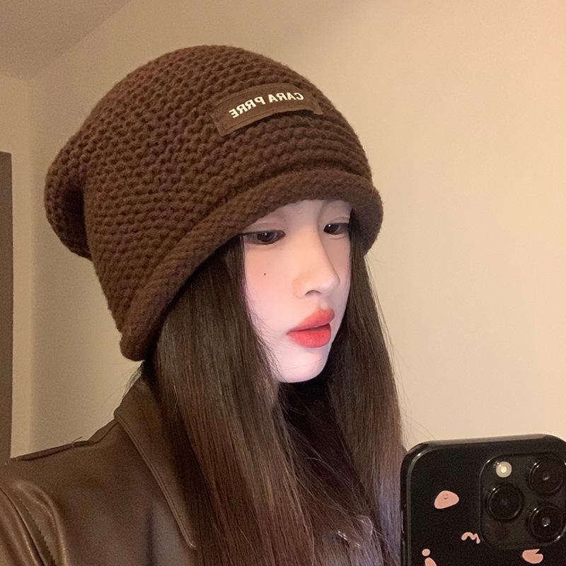 Autumn and Winter Versatile Big Head Circumference Pile Hat Showing Face Small Ear Protection Warm and Cold Hat Korean Style Letter Knitted Hat