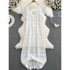 French Summer V Neck A- line Crochet Cut Out Lace Long Dress