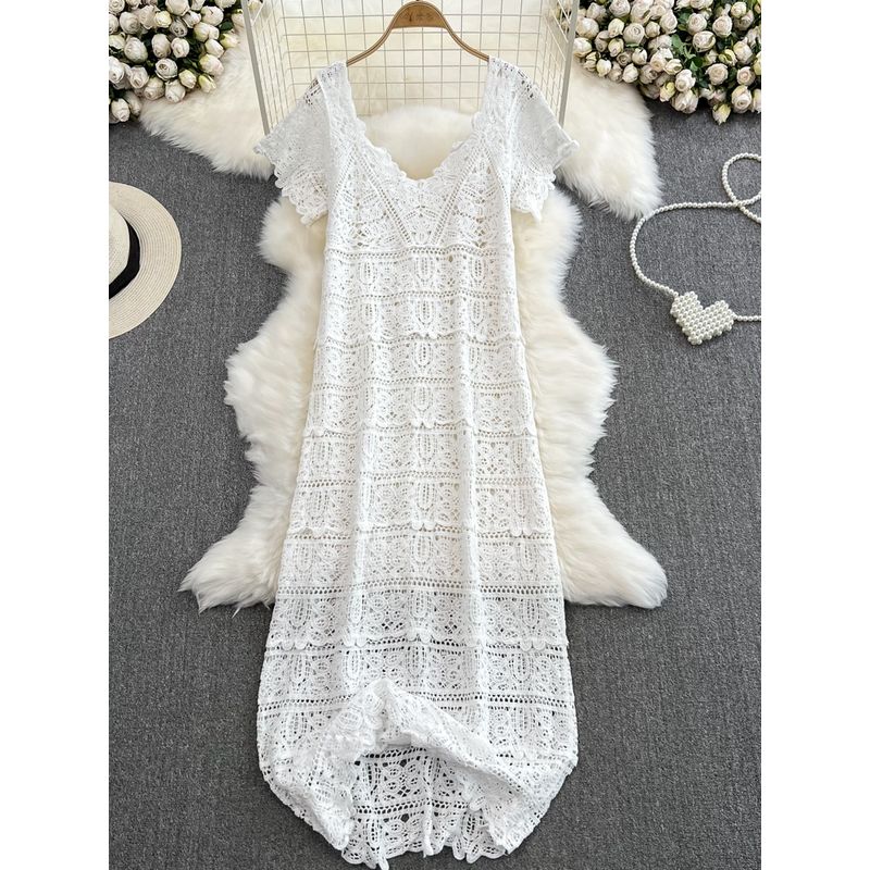 French Summer V Neck A- Line Crochet Cut Out Lace Long Dress