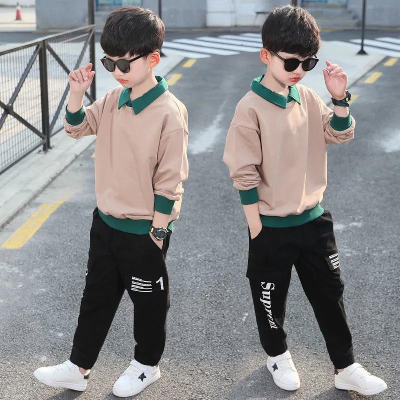Boys Spring and Autumn Suit Solid Color Printing Splicing Top + Pants Teenage Two-piece Set