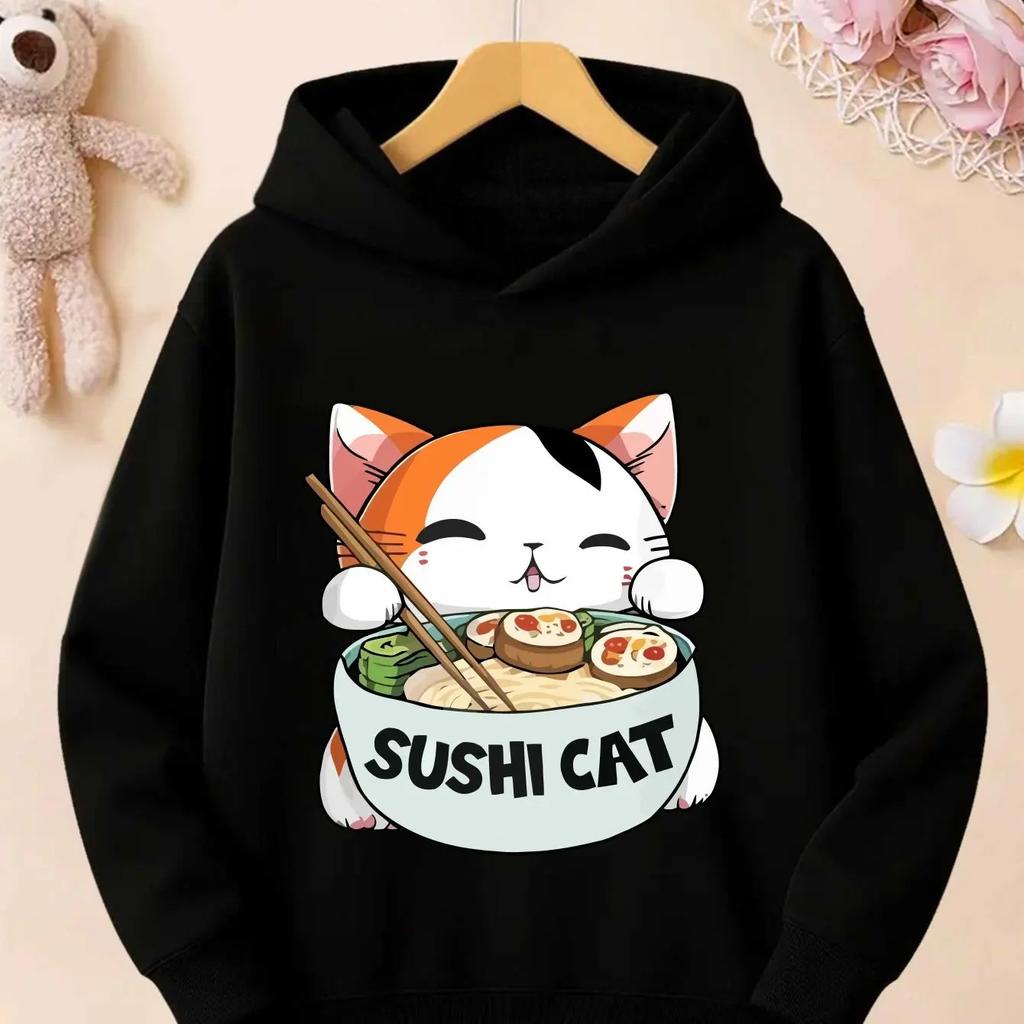 Bluza z kapturem dla dziewcząt, chłopców, dzieci, uroczy kot sushi z nadrukiem, bluza, styl japoński, kawaii, kreskówka, pulower, góra z kapturem, jesień, zima