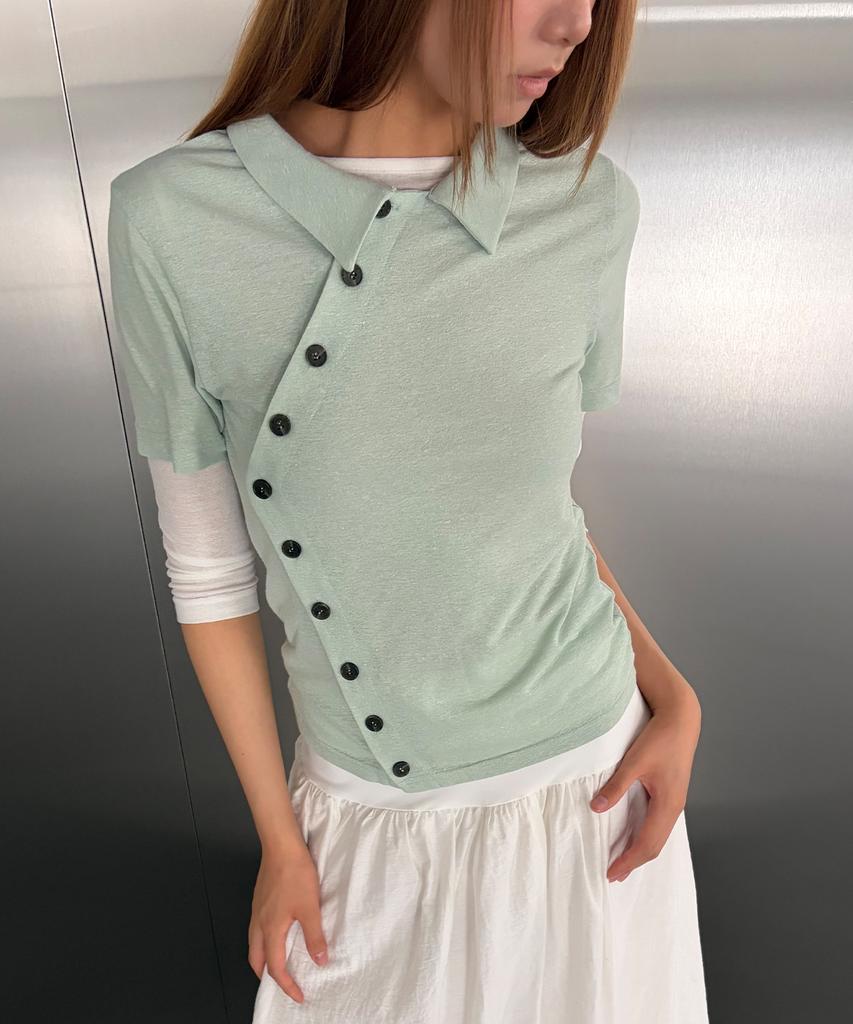 CHICKS Stand Collar Asymmetrical Shirt Mint