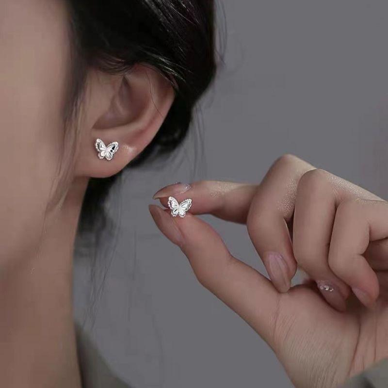 Silver Molten Lava Butterfly Stud Earrings - Screw-on High-quality Pierced Earrings with No Need To Remove The Jewelry