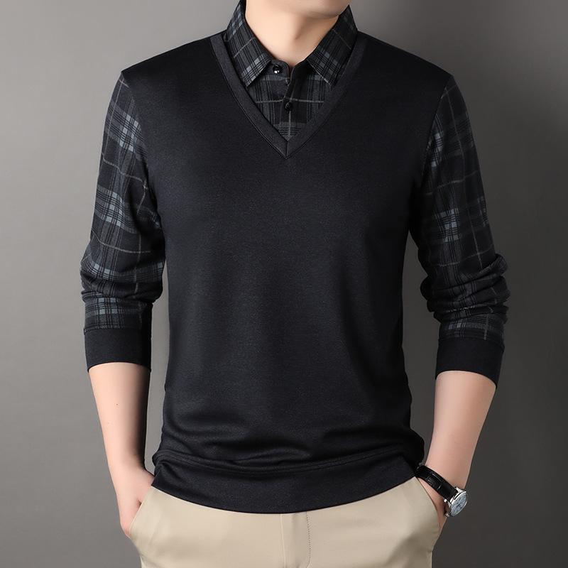 Dad's Spring and Autumn Long-sleeved T-shirts, Middle-aged and Elderly Men's Casual Pullover Bottoming Shirts, Autumn Holiday Two-piece Tops