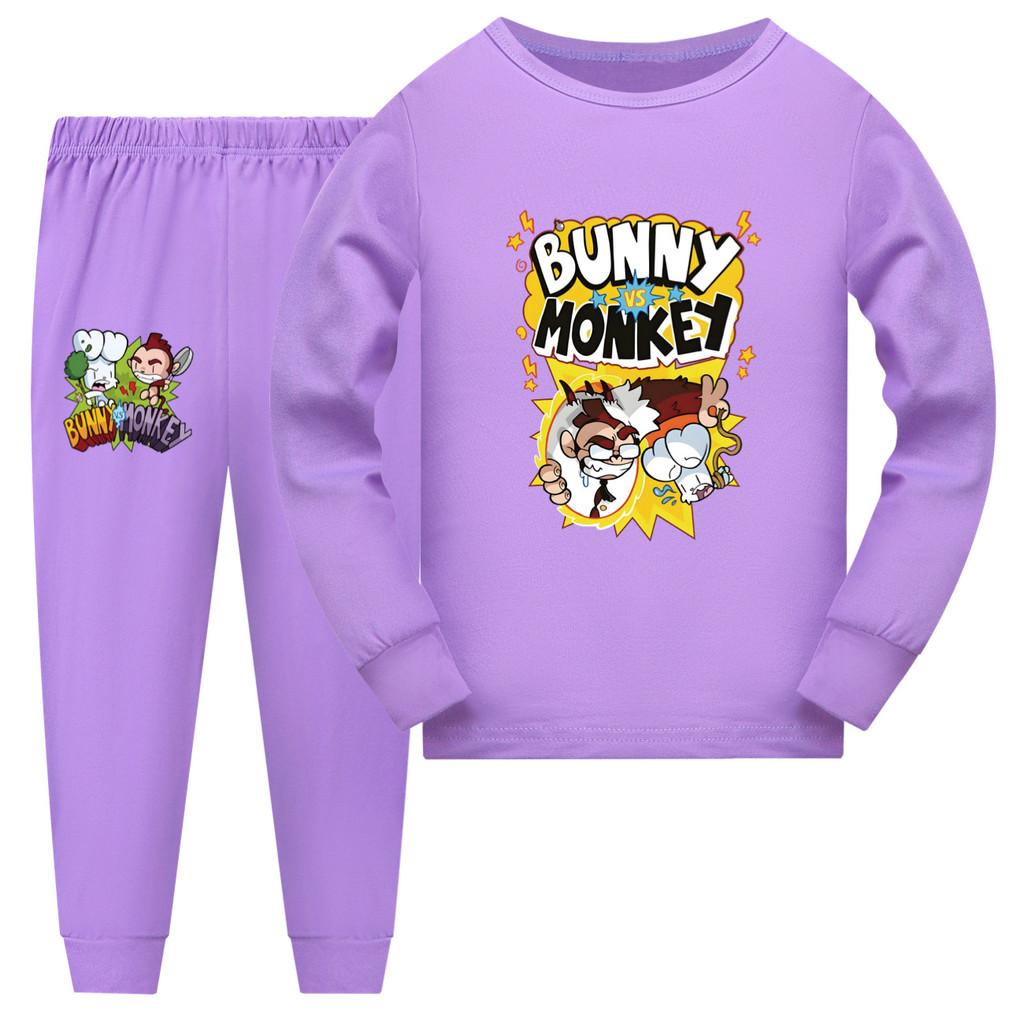 

4206 Kids Boys Girls Bunny Monkey Print Long Sleeves T-shirt Pants Pajamas Sleepwear Sleeping Sets 110cm фиолетовый